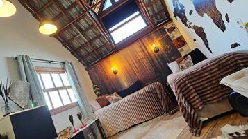 TV, fireplace, video library