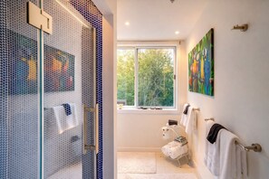 Regadera, secadora de cabello, bidet, toallas 