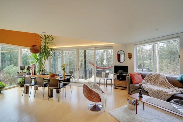 Smart TV, fireplace, books, stereo