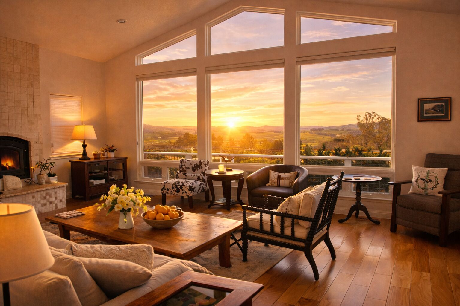 This is the living room and view over the hills of east Petaluma.