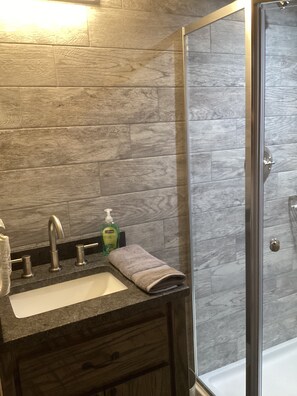 Shower, hair dryer, towels, shampoo