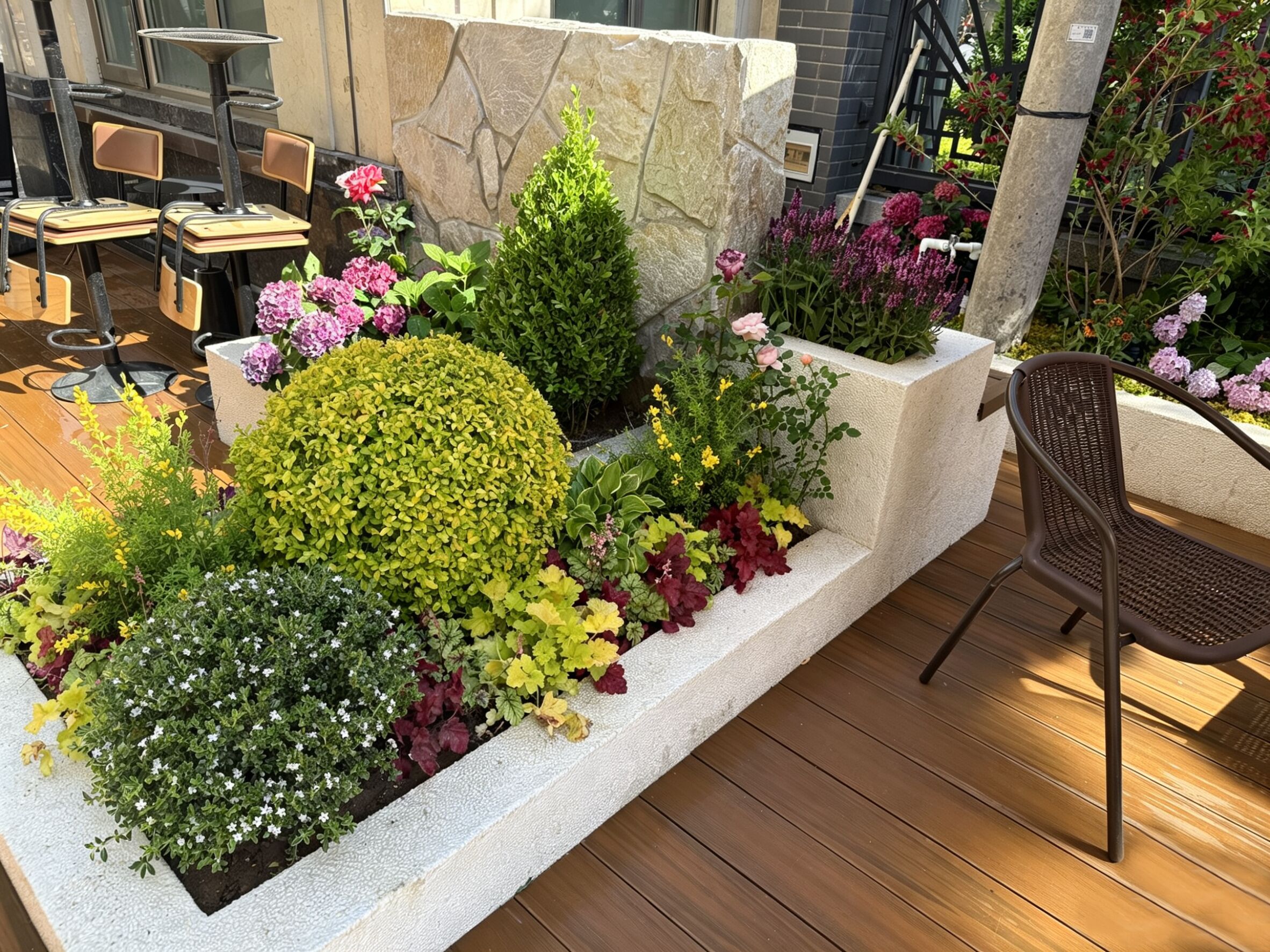 Un giardino con diverse piante e un’area salotto con sedie.