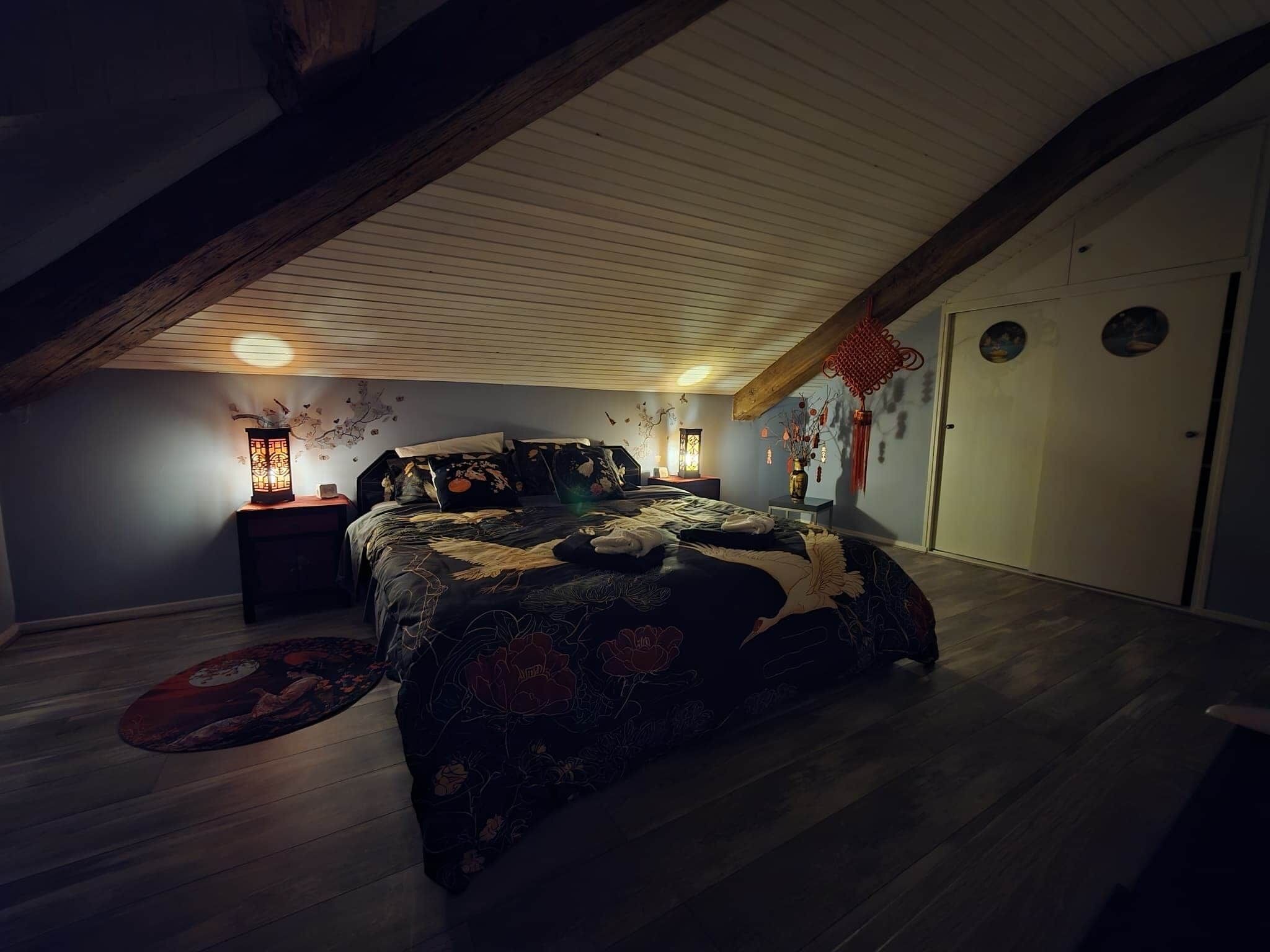 A bedroom with a large bed, a nightstand, a wall-mounted lamp, and a door with circular decorations.