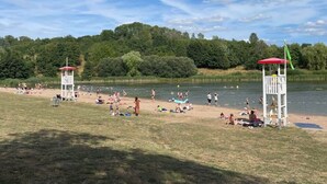 Una playa junto al lago con dos torres de salvavidas, una zona verde y gente disfrutando del agua.