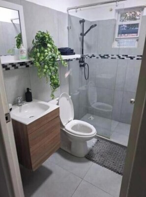Shower, towels, soap, shampoo