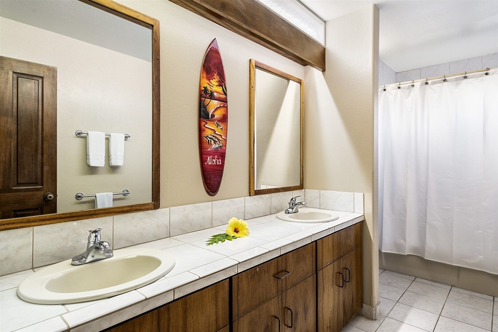 Hair dryer, towels, soap, shampoo