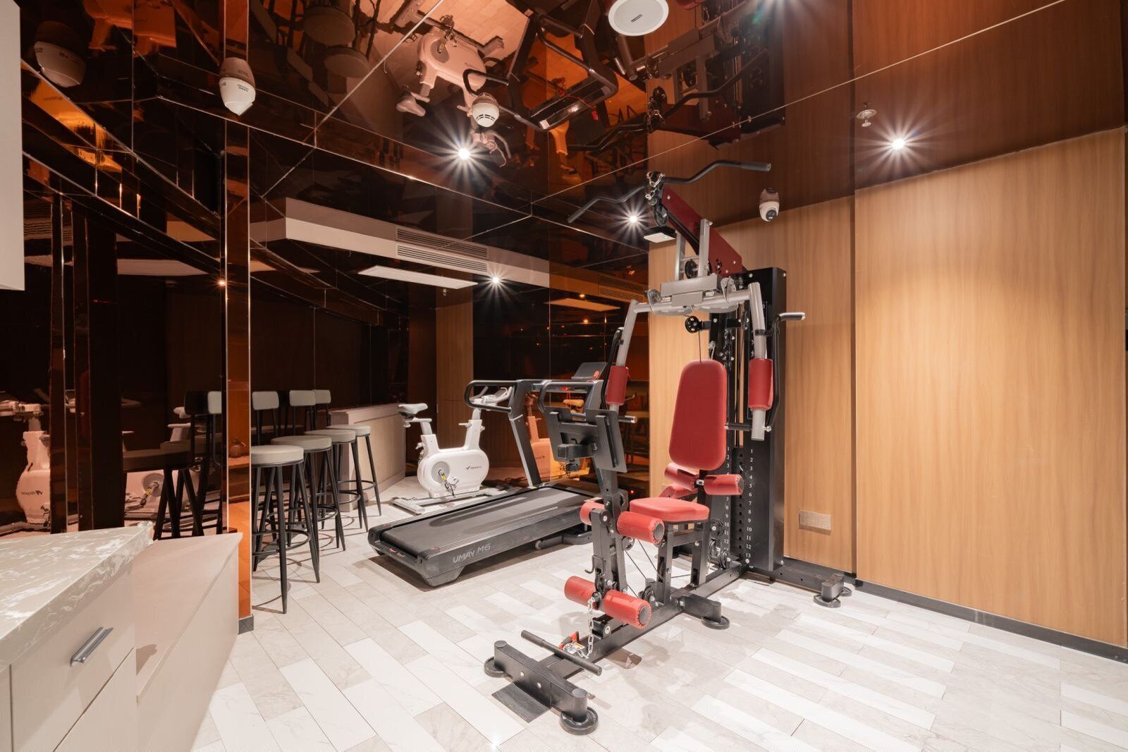 A gym with a treadmill, weight machines, and a mirror.
