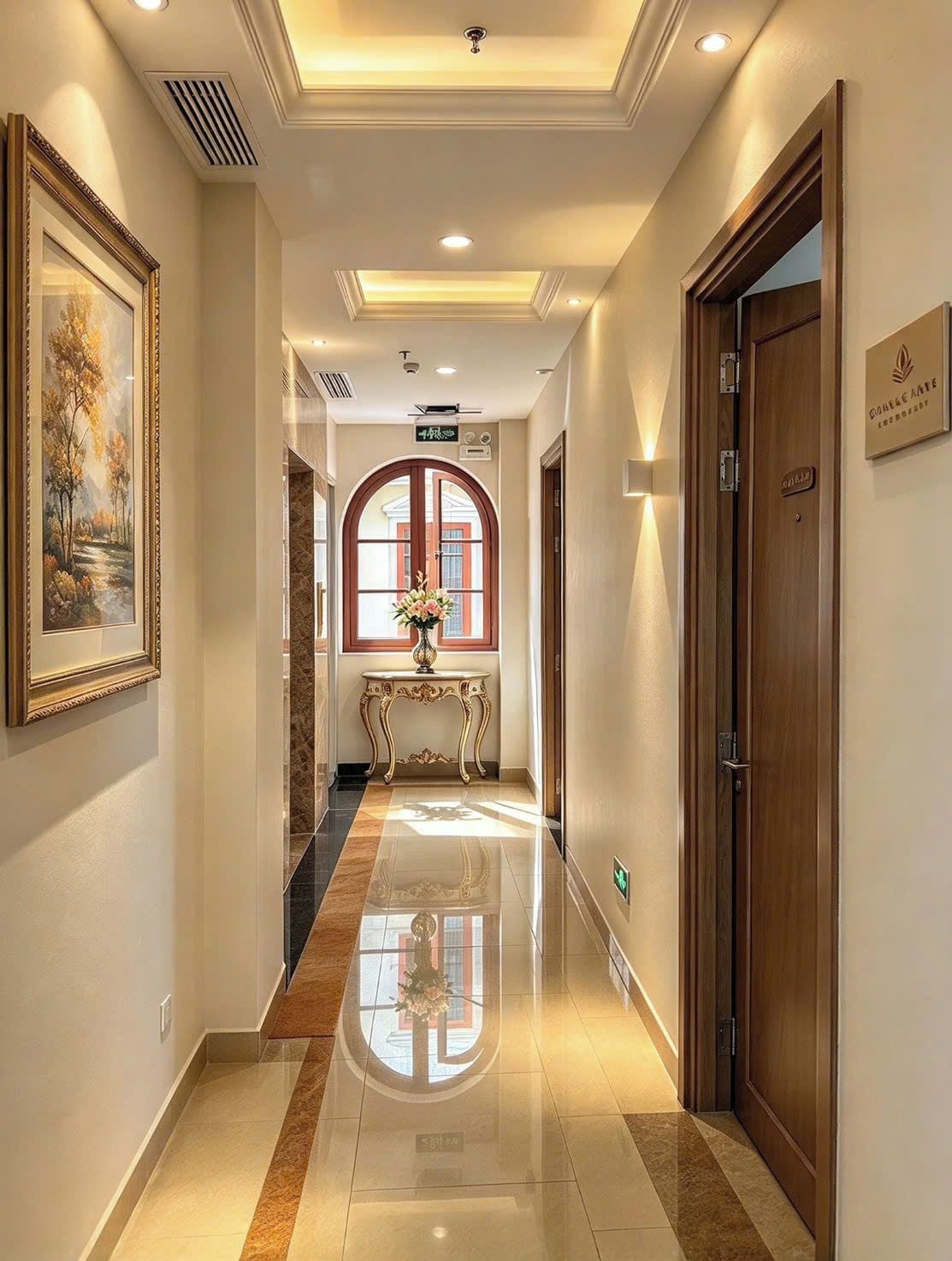 Un pasillo de hotel con piso pulido, un cuadro enmarcado en la pared, una consola decorativa con flores y una puerta de madera con un letrero.