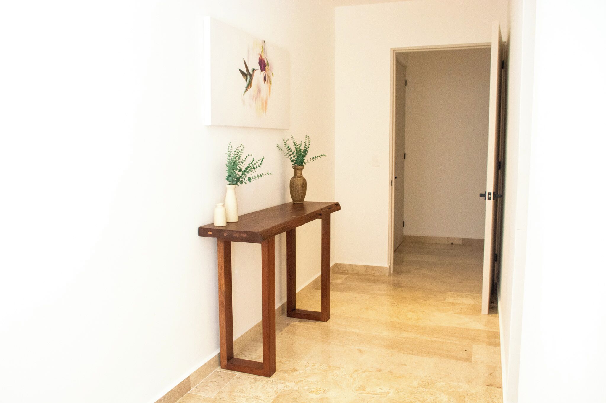 Un passadís amb una consola de fusta, dues plantes en testos i un quadre a la paret.
