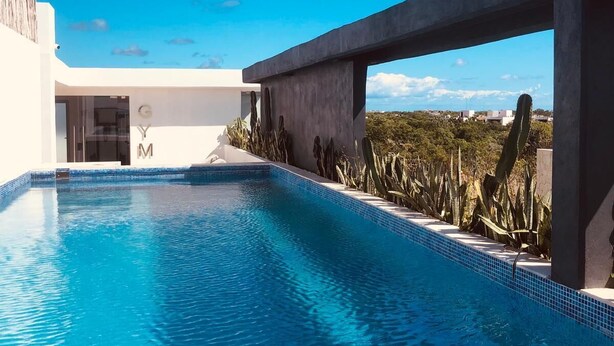 Una piscina moderna al aire libre con vistas despejadas del paisaje circundante, la entrada de un edificio y un jardín de cactus.