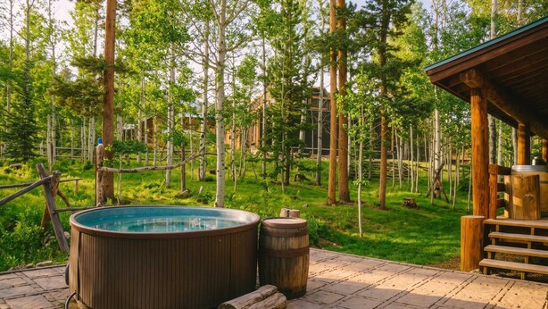 A hot tub on a wooden deck with a forest backdrop. - Silverthorne Retreat | Pet Friendly + Trail Access (Silverthorne)