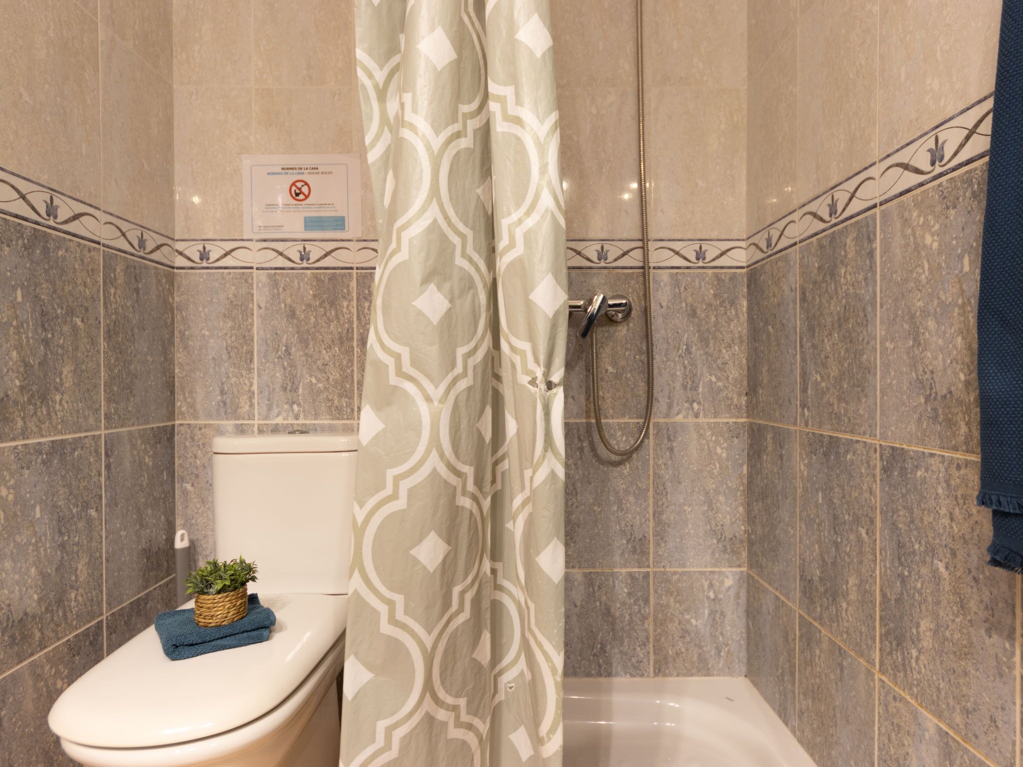Un baño con ducha, inodoro y un perchero con una planta.