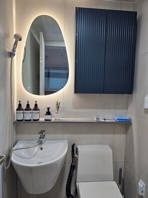 Shower, hair dryer, towels, soap