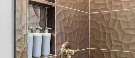 Shower, hair dryer, shampoo