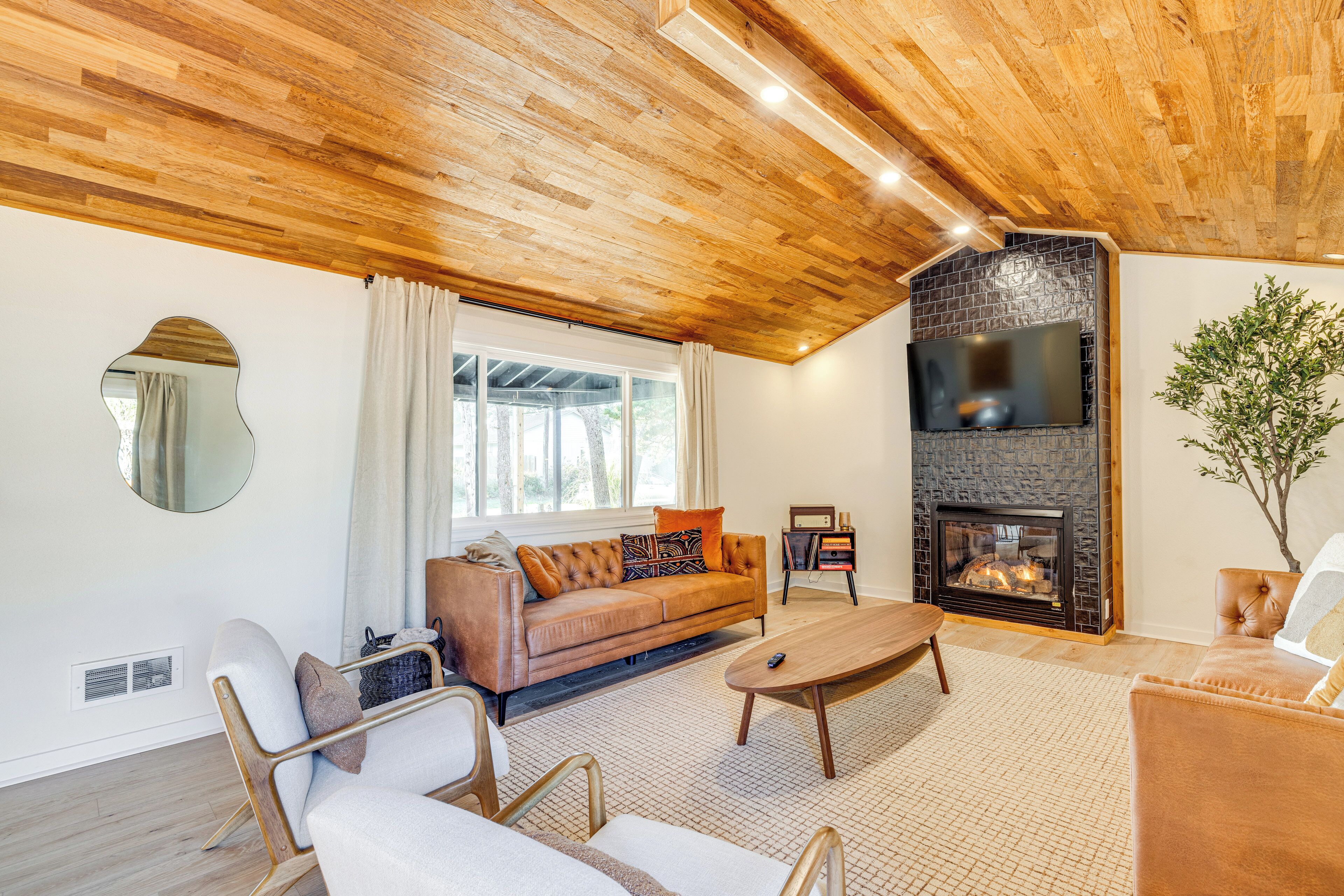 TV, fireplace, books