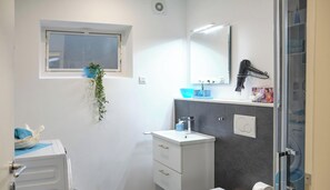 Shower, hair dryer, towels