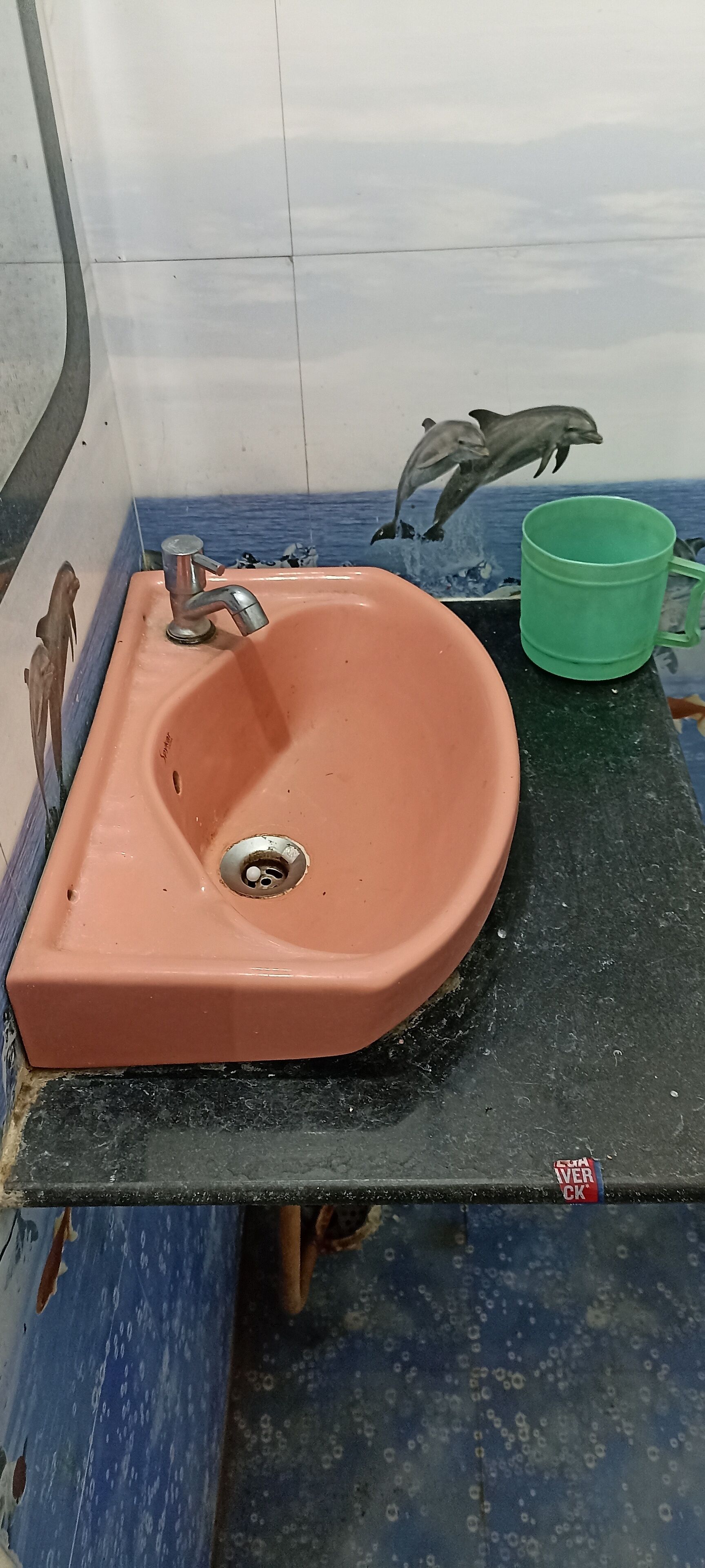 A bathroom with a pink sink, a green cup, and a dolphin mural on the wall.