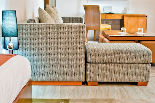 Habitación básica doble, balcón, vista al jardín | Área de sala de estar | Monitor de computadora y impresora