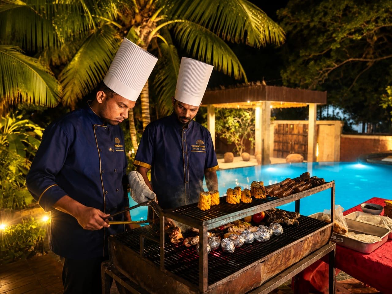 Two chefs grilling food outdoors near a pool.