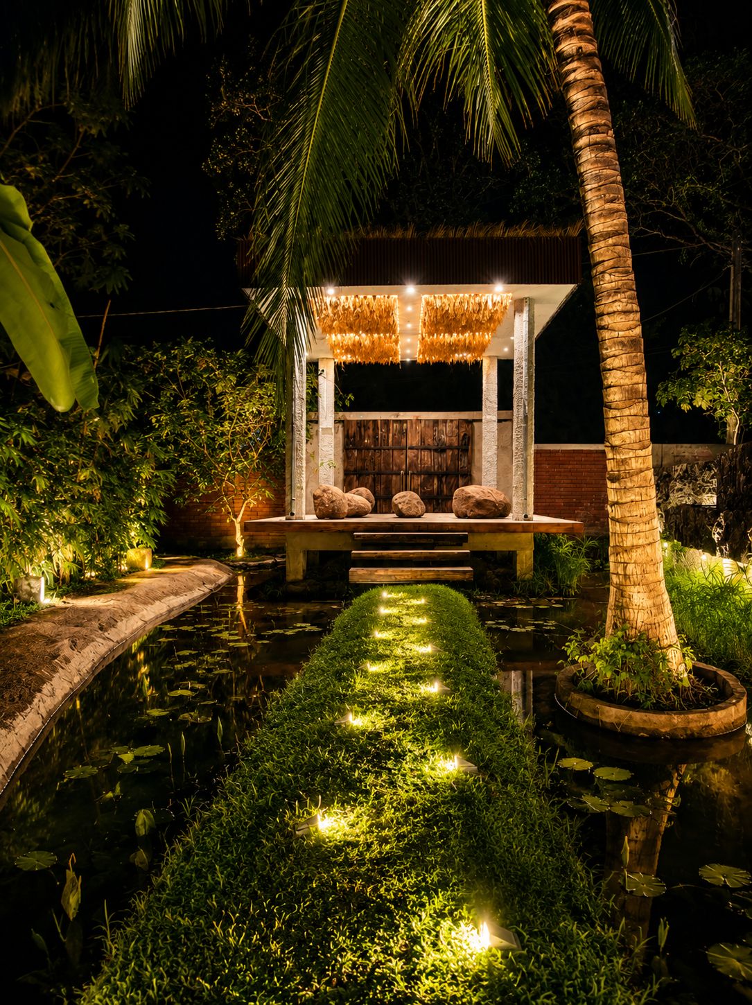 A serene outdoor seating area with a water feature, surrounded by lush greenery and palm trees.
