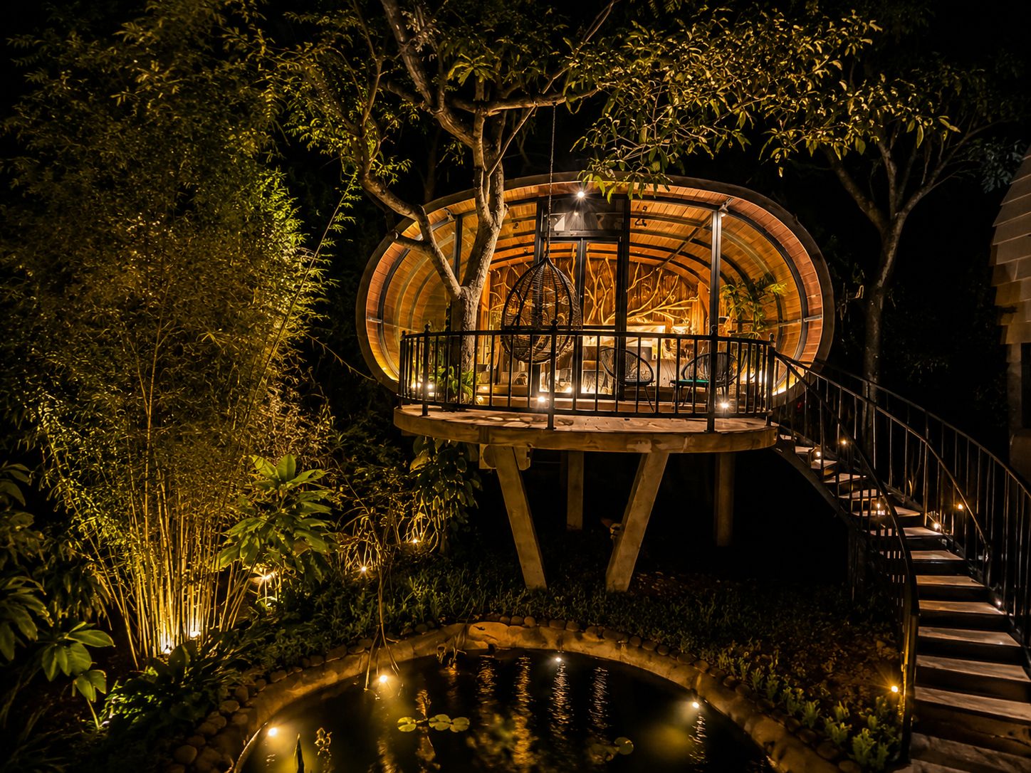 A circular wooden structure with a staircase leading to a balcony, surrounded by lush greenery and a small pond.