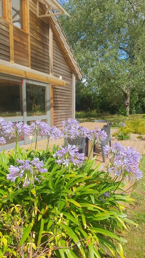 A wooden house with a window and a garden with purple flowers. - Le chalet breton, Enjoy your vacations in a warm and green setting (loperhet)