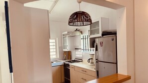 A modern kitchen with white cabinets, a KFC refrigerator, a hanging light fixture, and a wooden countertop. - Charming 2-bedroom apartment with WiFi, AC in enchanting Port Louis (Port Louis)
