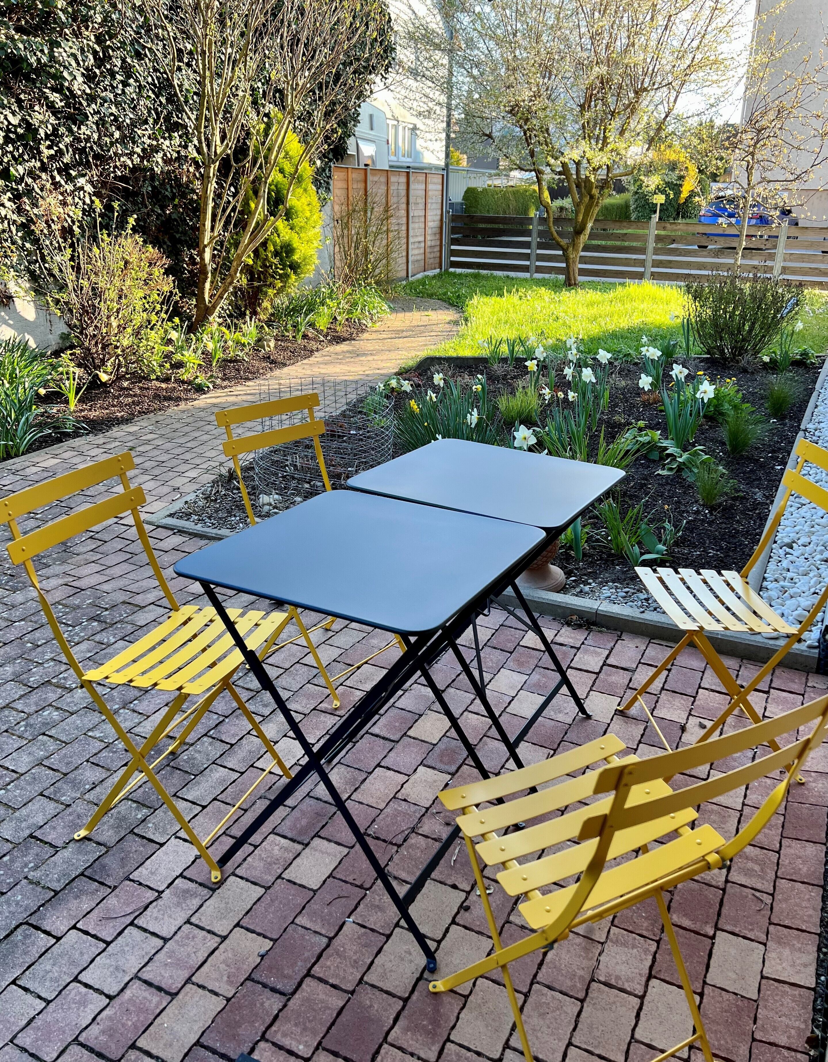 A patio with a table and chairs, surrounded by a garden with daffodils.