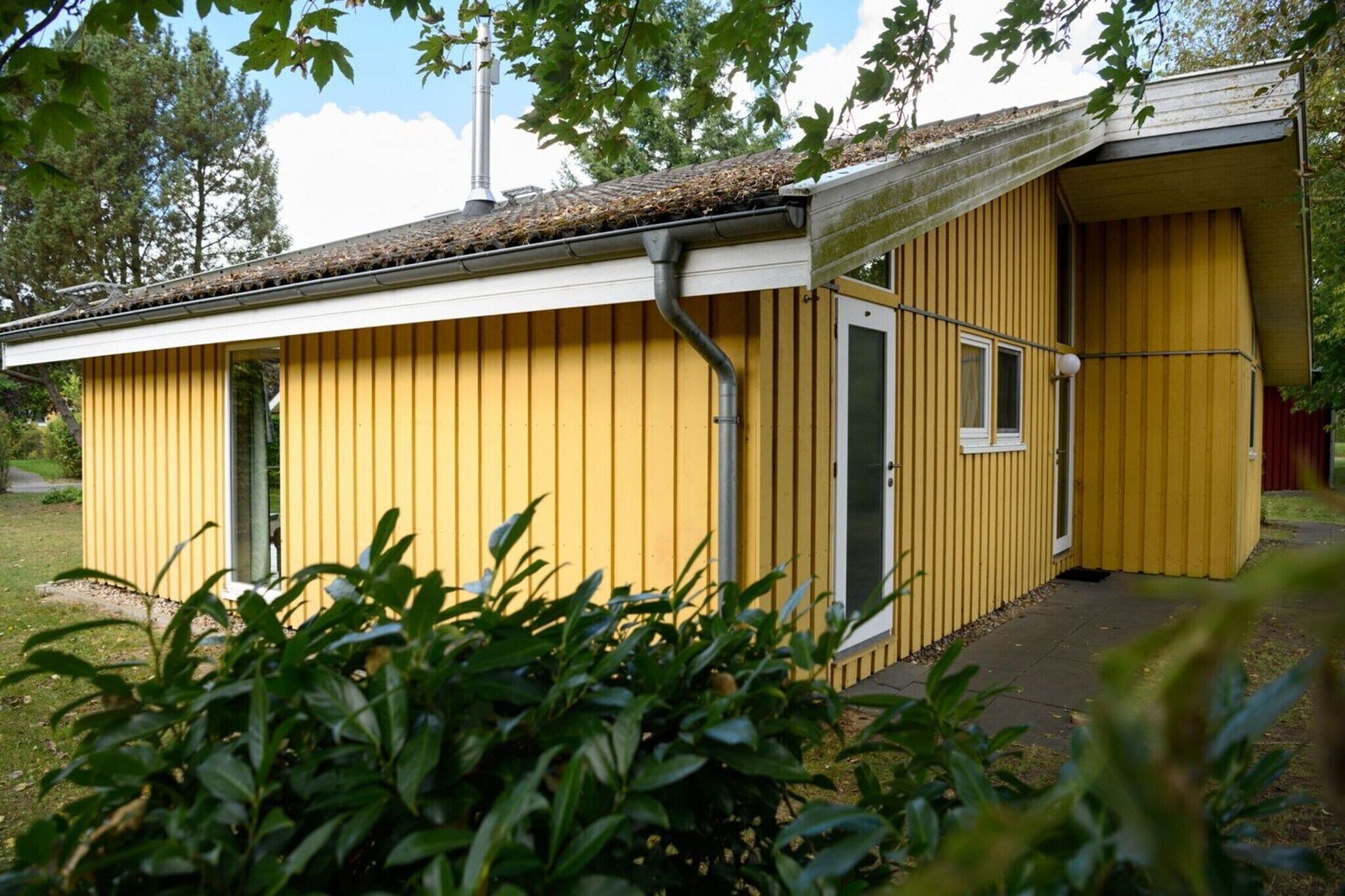 A yellow building with a single door and window, surrounded by greenery.
