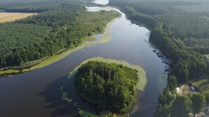 Vue aérienne d’une rivière bordée de forêts denses.