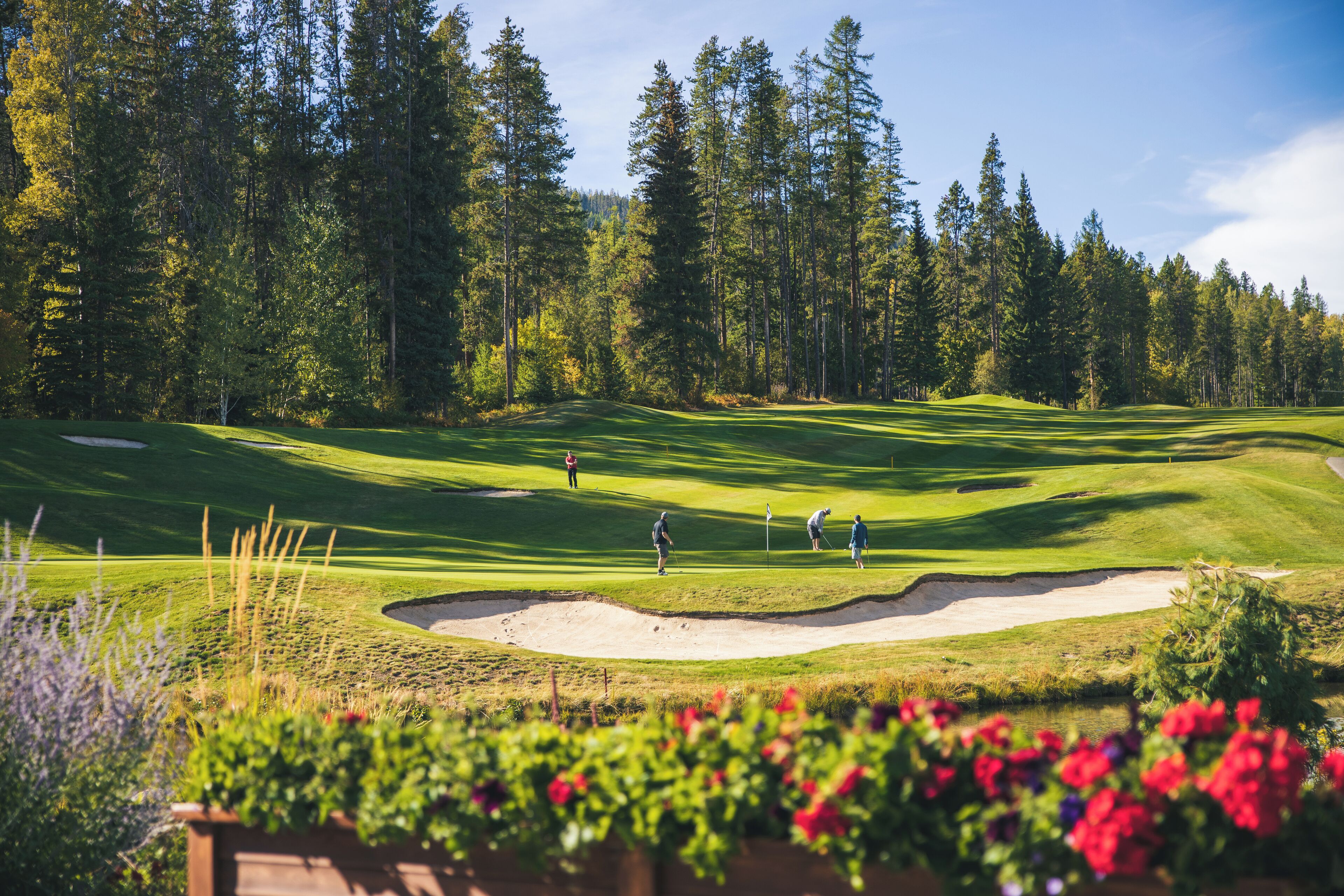 Un parcours de golf avec des bunkers de sable, un étang et des arbres denses en arrière-plan.