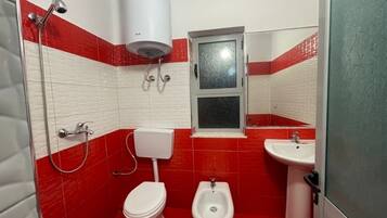 Regadera, tina de hidromasaje, secadora de cabello, bidet