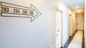 Un pasillo con un cartel indicador que muestra los números de habitación 203, 204, 205 y 206.