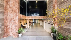 Un vestíbulo amplio con columnas de mármol, una recepción y plantas en macetas.