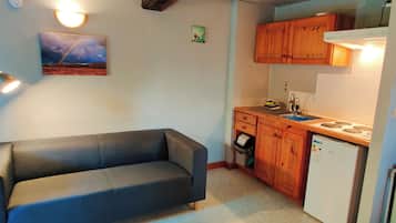 Un espacio habitable pequeño con sofá, kitchenette y techo con vigas a la vista.