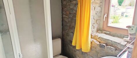 A small bathroom with a toilet, a sink, and a shower area.