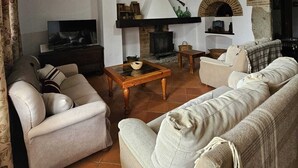 Un salon comprenant un ensemble de canapés, un téléviseur, une cheminée et un ventilateur de plafond.
