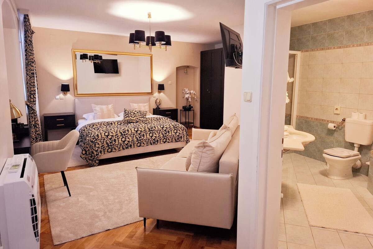 A hotel room with a bed, a sofa, a desk, a mirror, a TV, and a bathroom with a toilet and sink.
