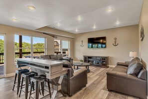 TV, fireplace, foosball