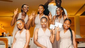 A group of women in matching dresses posing on a staircase. - Le Saint Tropez (Kidoti)