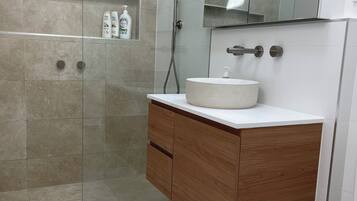 Shower, towels, toilet paper