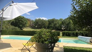Un patio trasero con piscina, una planta en maceta y una silla amarilla.