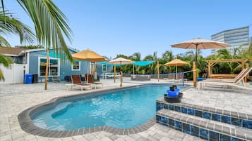 Utendørsbasseng, bassengparasoller og solsenger