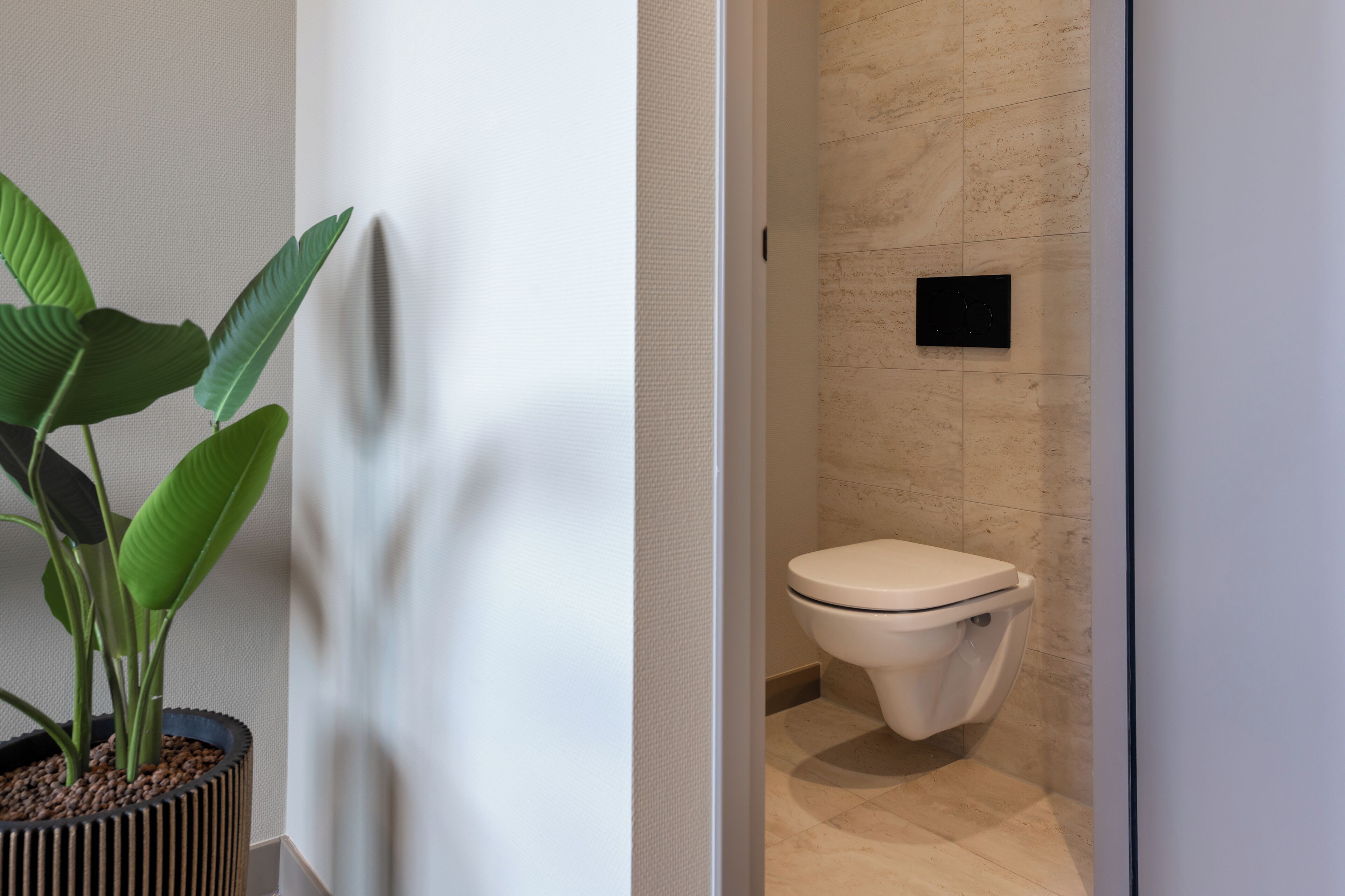 A bathroom with a toilet, a potted plant, and a tiled wall.