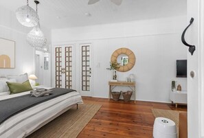 1 bedroom, desk, iron/ironing board, travel cot