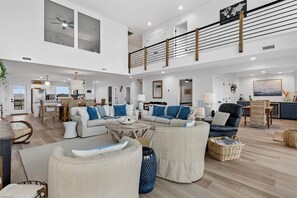 TV, fireplace, books, stereo