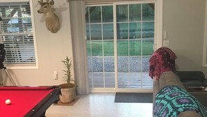 Un salon comprenant une table de billard, un canapé, une plante en pot et une tête de cerf accrochée au mur.
