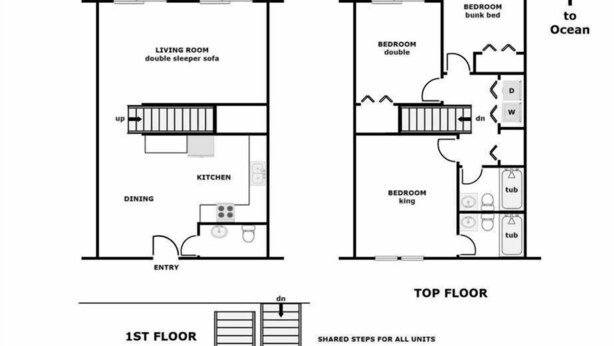 A floor plan of a 1-bedroom apartment with a covered deck, living room, dining area, kitchen, and a bedroom with a bunk bed.