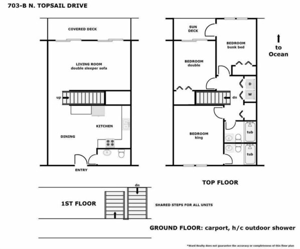 A floor plan of a 1-bedroom apartment with a covered deck, living room, dining area, kitchen, and a bedroom with a bunk bed.