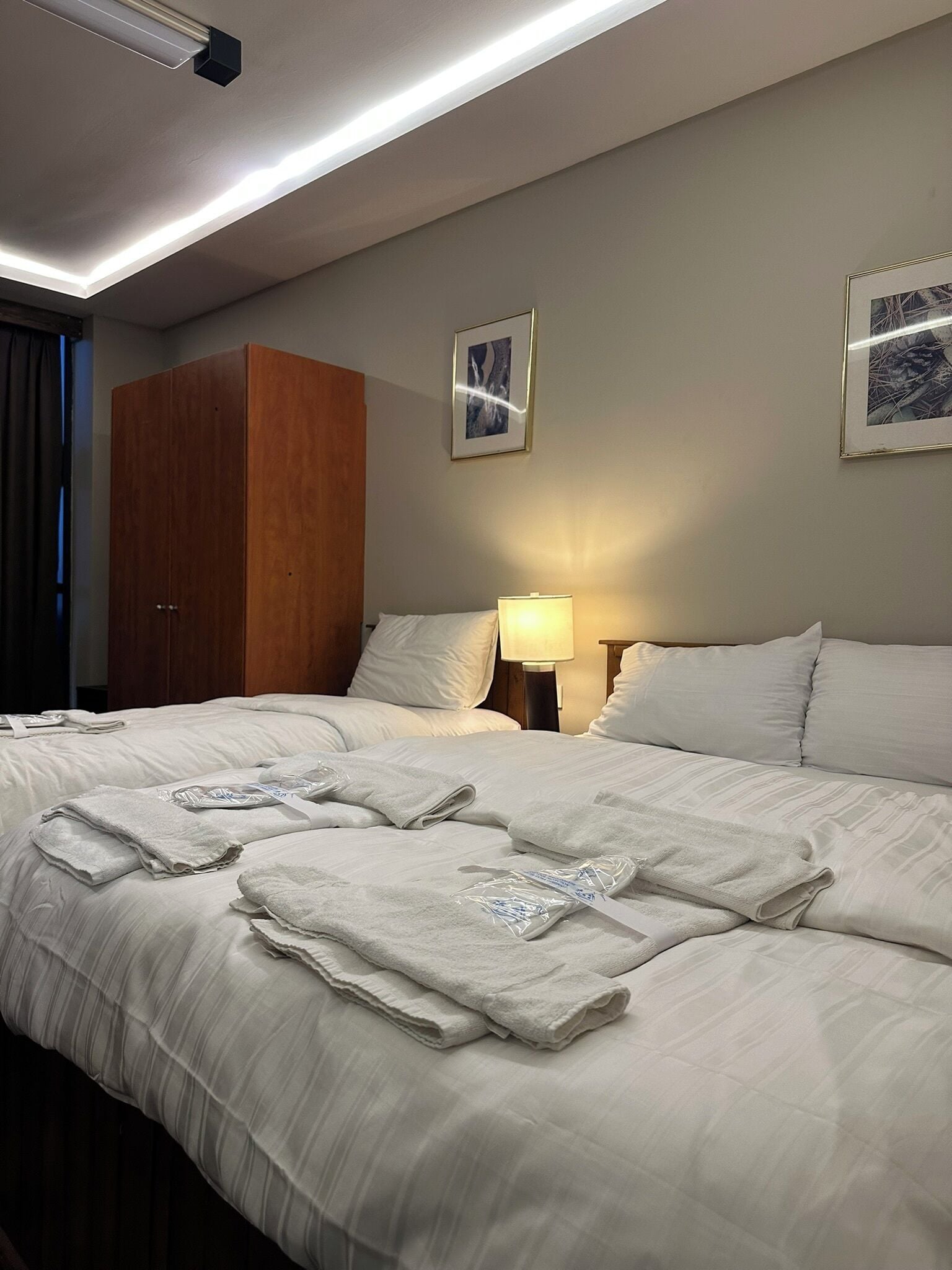 A hotel room with a large bed, a wooden wardrobe, a bedside table with a lamp, and two framed pictures on the wall.